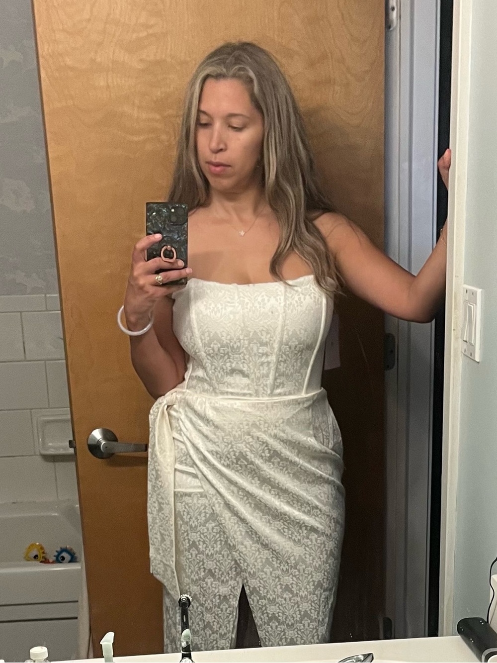 White Lace Strapless Dress with Draped Front